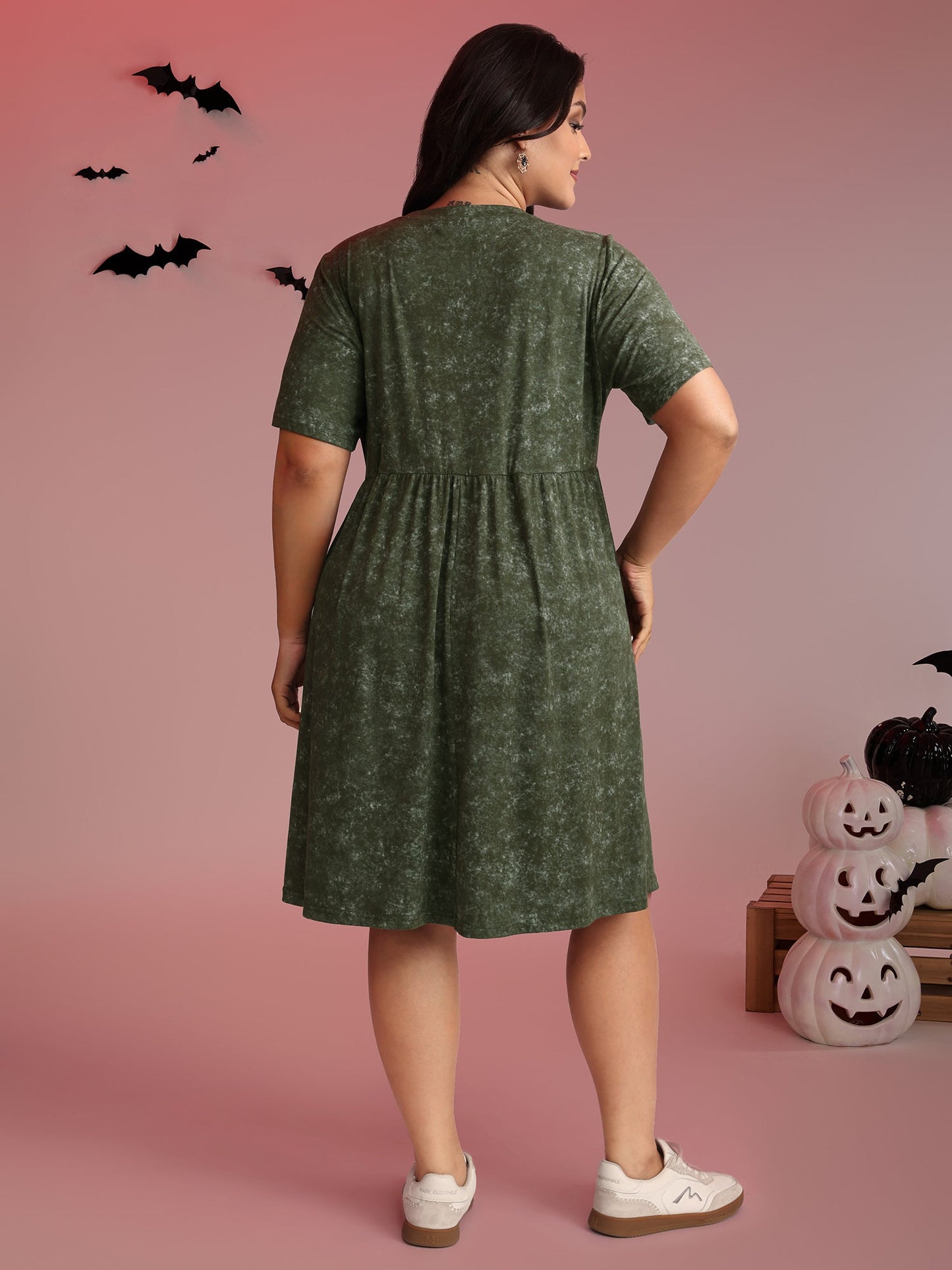 Spooky Pumpkin Motif Snowflake Effect Midi Dress