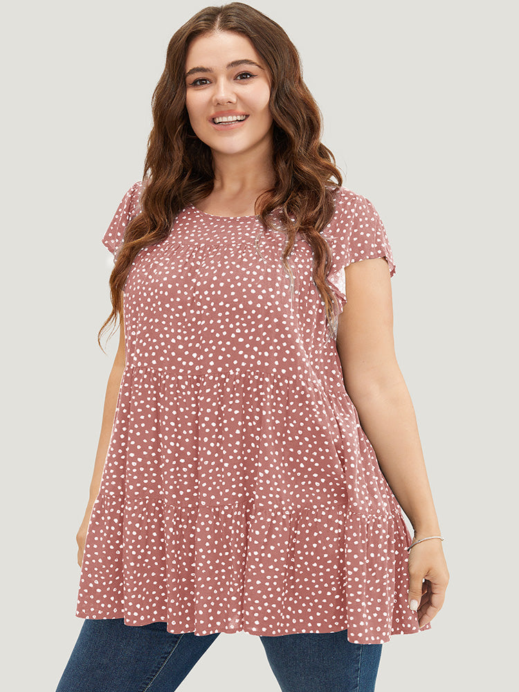 Allover Print Cap Sleeve Ruffle Hem Gathered Blouse