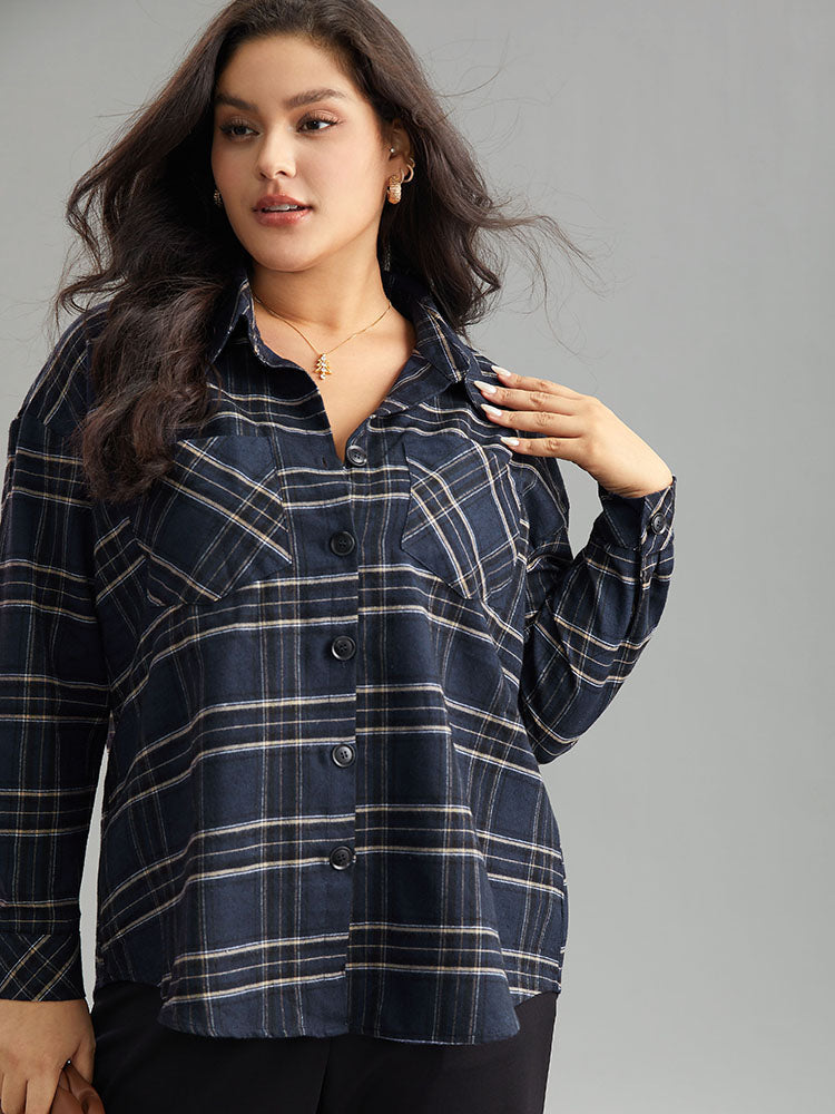 Plaid Shirt Collar Button Through Pocket Blouse