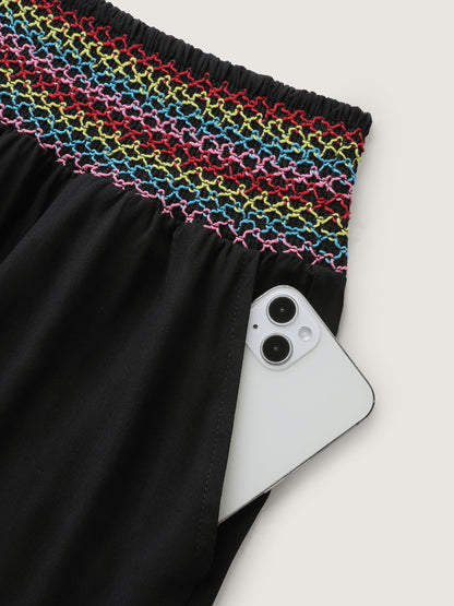 Colorful Shirred Waistband Ruffled Hem Pants