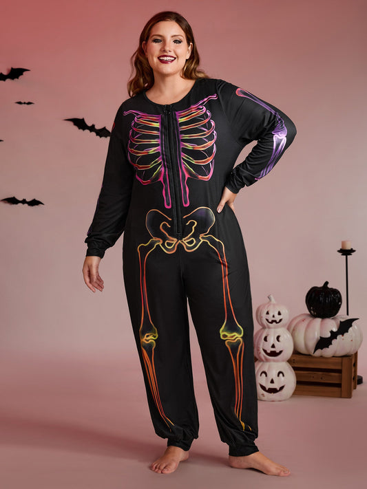 Colorful Skeleton Print Zipper Lounge Jumpsuit