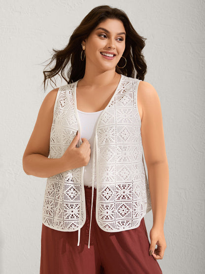 Lace Spliced Denim-Like Kimono Vest