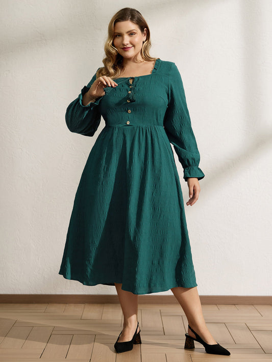 Textured Ruffled Neck Shirred Drawstring Midi Dress