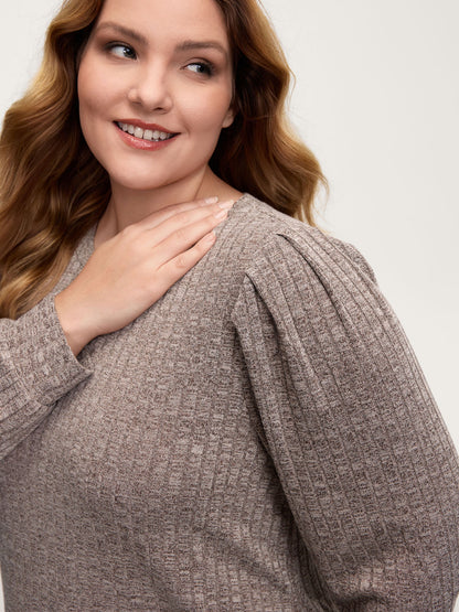 Ribbed Puffy Sleeve Knee-Length Sweater Dress