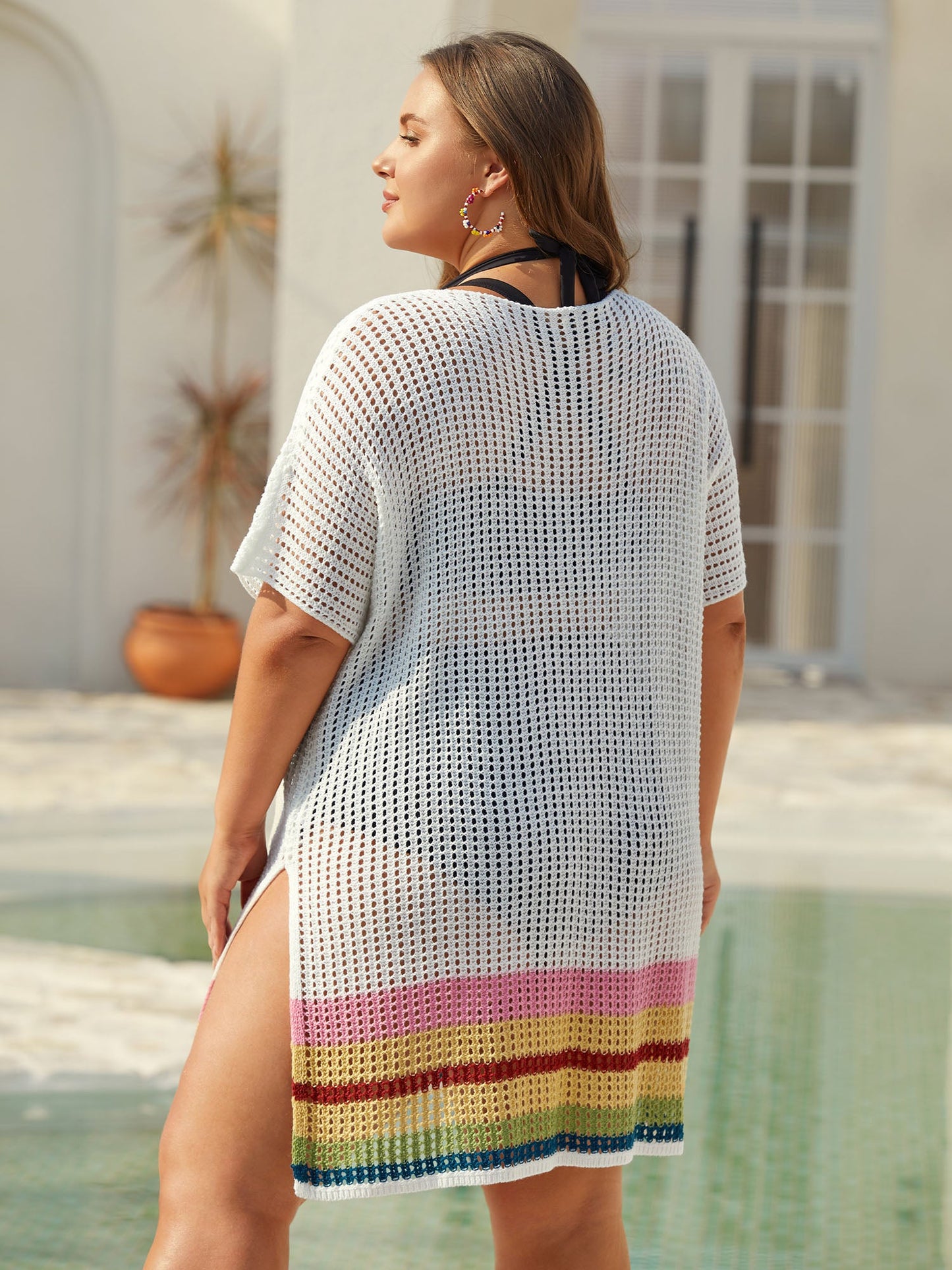 Striped Hem Cut-Out Slit Swim Cover-Up