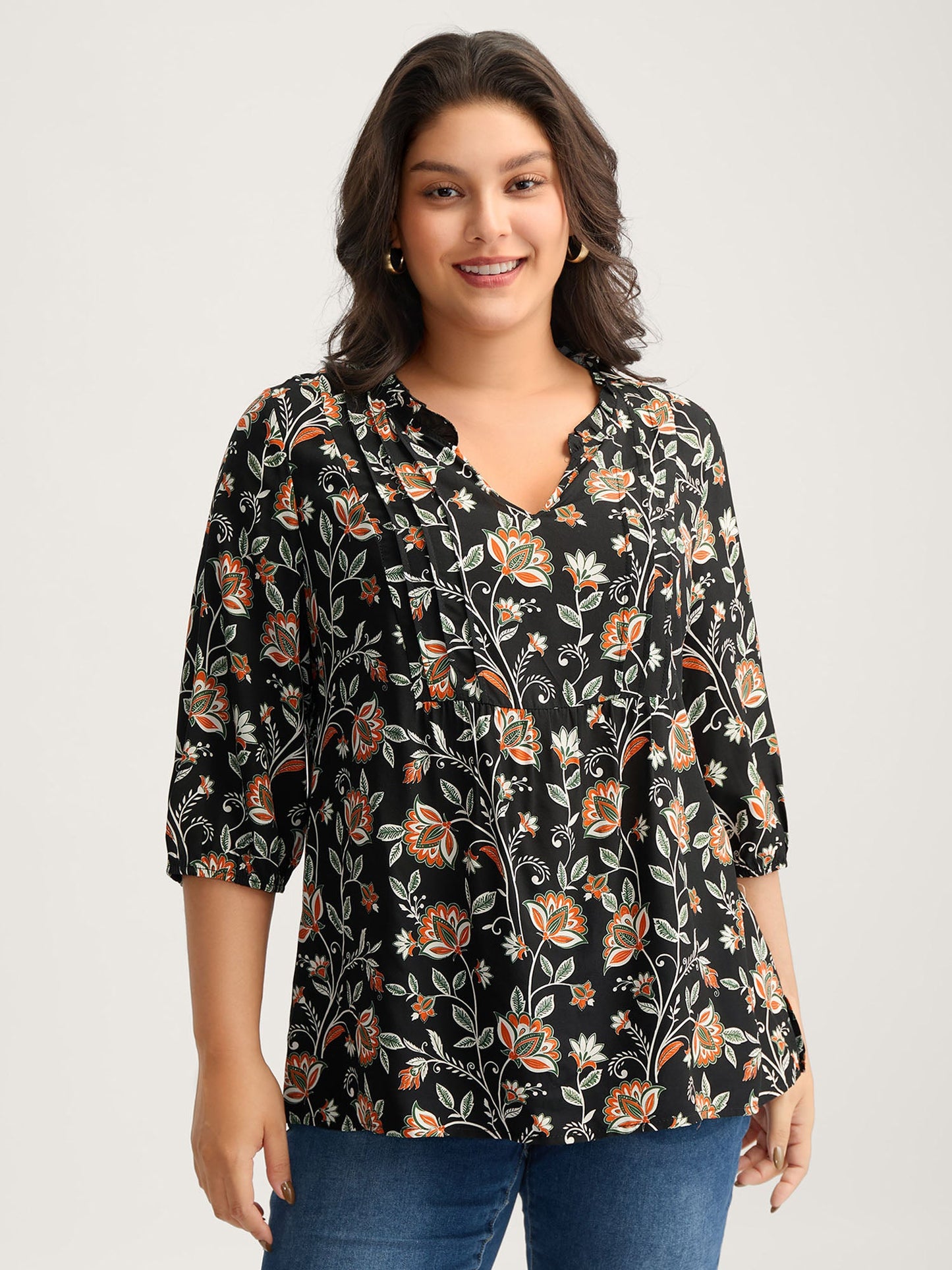 Floral Toothpick Pleats Flowy Blouse