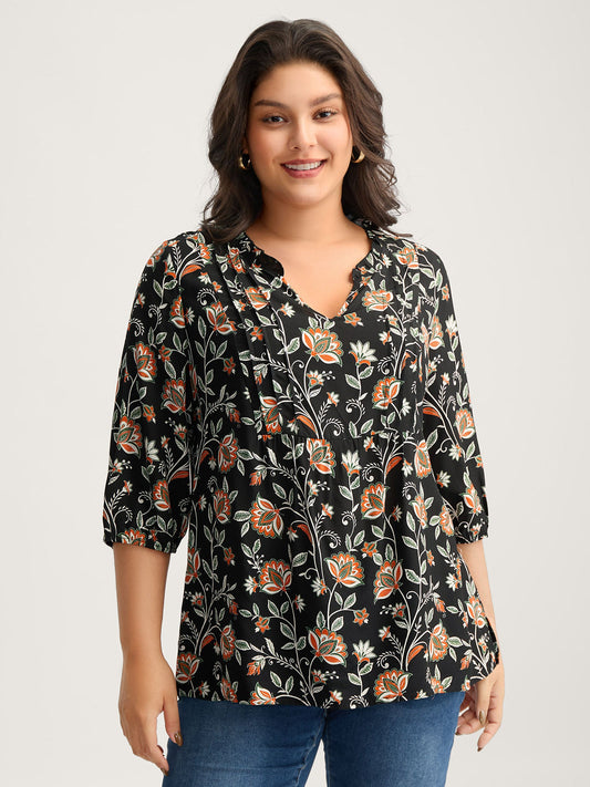 Floral Toothpick Pleats Flowy Blouse