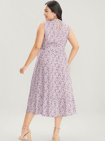 Ditsy Floral Keyhole Pocket Belted Mock Neck Ruffles Dress