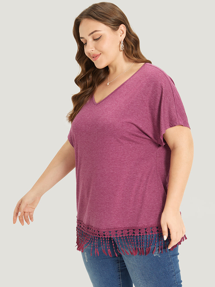 Plain Fringe Trim Batwing Sleeve T-shirt