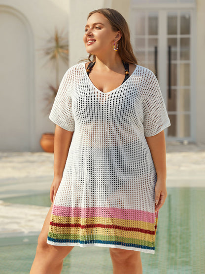 Striped Hem Cut-Out Slit Swim Cover-Up
