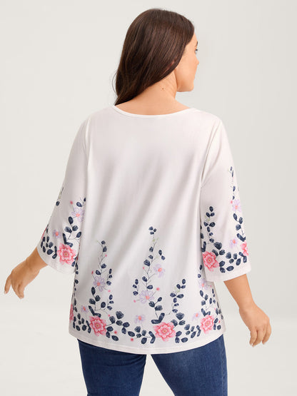 Stretchy Floral Print V-Neck Knit Top