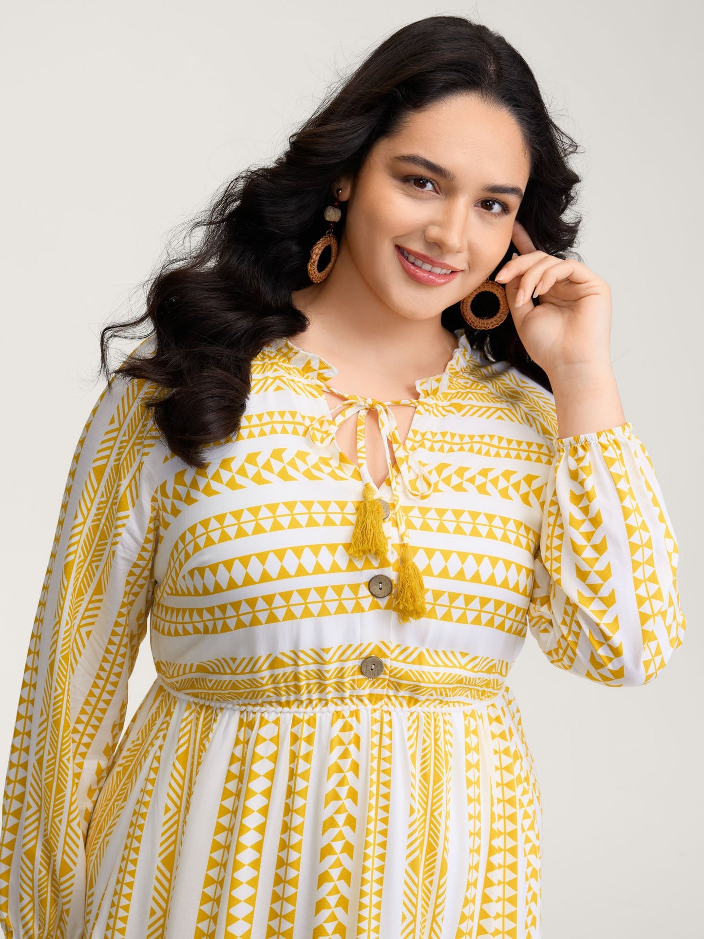 Rayon Boho Stripe Button Placket Midi Dress