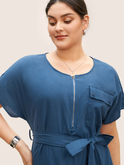 Round Neck Half Zip Flap Detail Belted Dress
