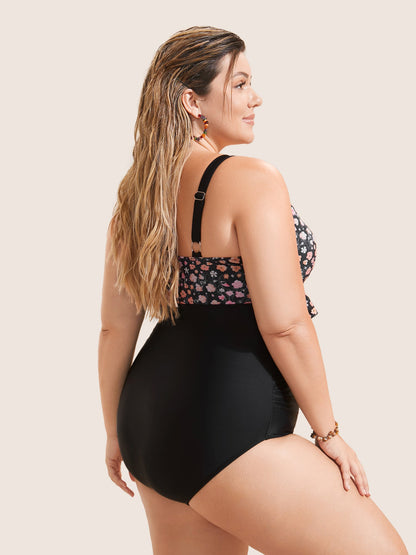 Ditsy Floral Patchwork Ruffle Trim One Piece Swimsuit