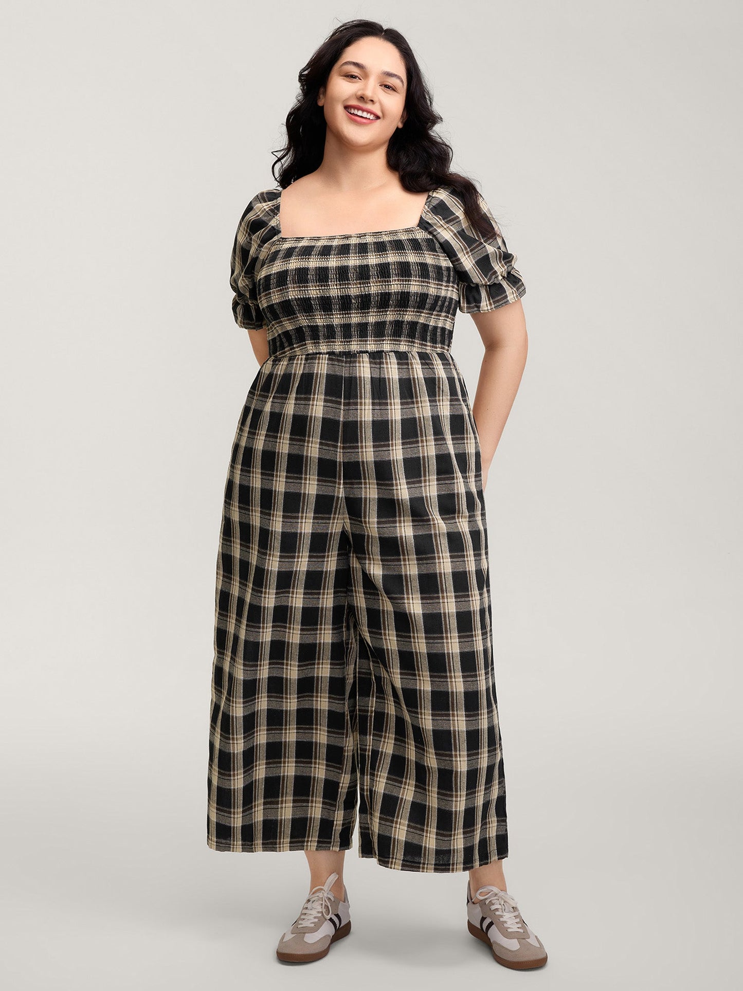 Classic Plaid Print Shirred Bodice Jumpsuit