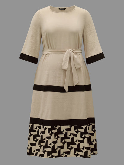 Color-Block Belted Pockets Midi Dress