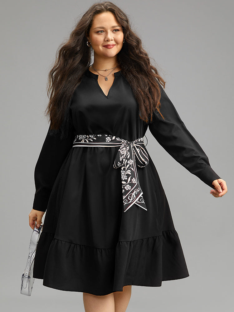 Anti-Wrinkle Floral Print Belted Notched Dress