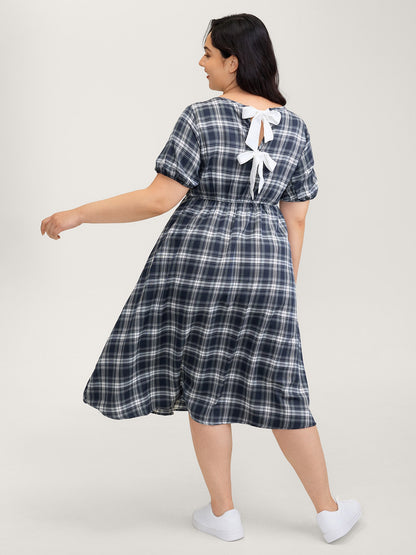 Plaid Print Back Bowknots Contrast Midi Dress