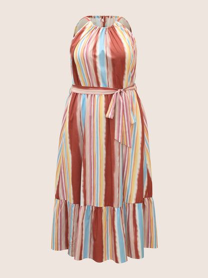 Colored Striped Ruffle Layered Hem Dress