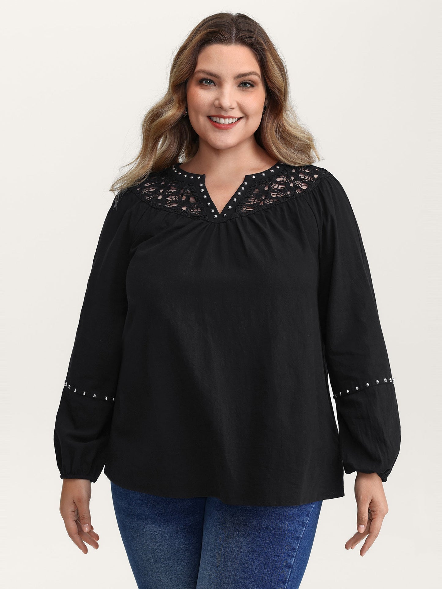 Lace Trim Rivets Cut-Out Blouse