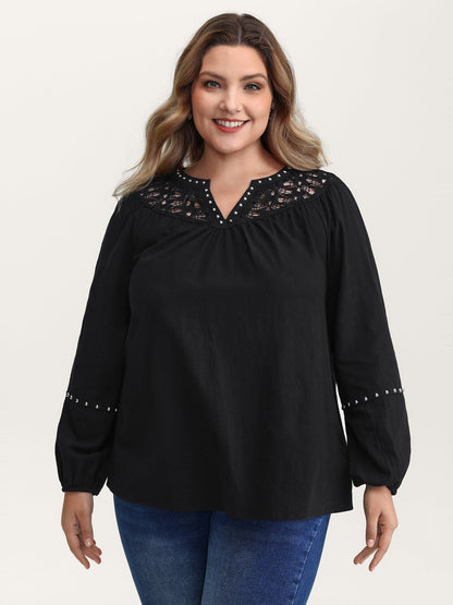 Lace Trim Rivets Cut-Out Blouse