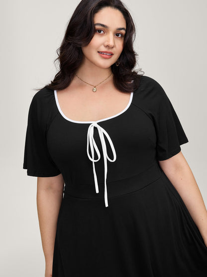 Neck Bow-Tie Contrast Pockets Midi Dress