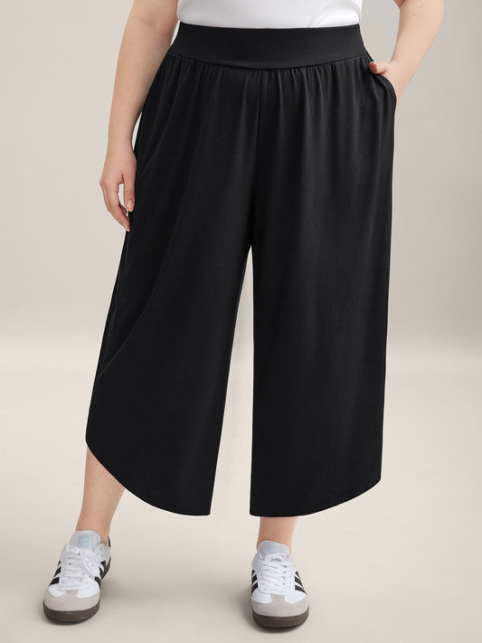 Rubber Waist Curved Hem Wide Leg Pants