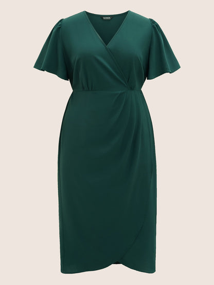 Solid Pleated Ruffle Sleeve Wrap Hem Dress