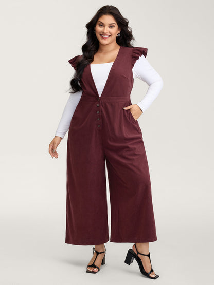 Corduroy Stretchy Waist Flutter Sleeve Jumpsuit