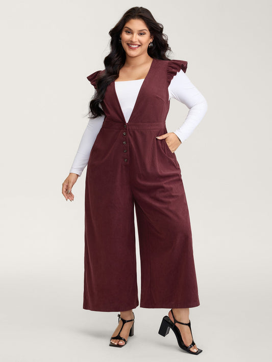 Corduroy Stretchy Waist Flutter Sleeve Jumpsuit