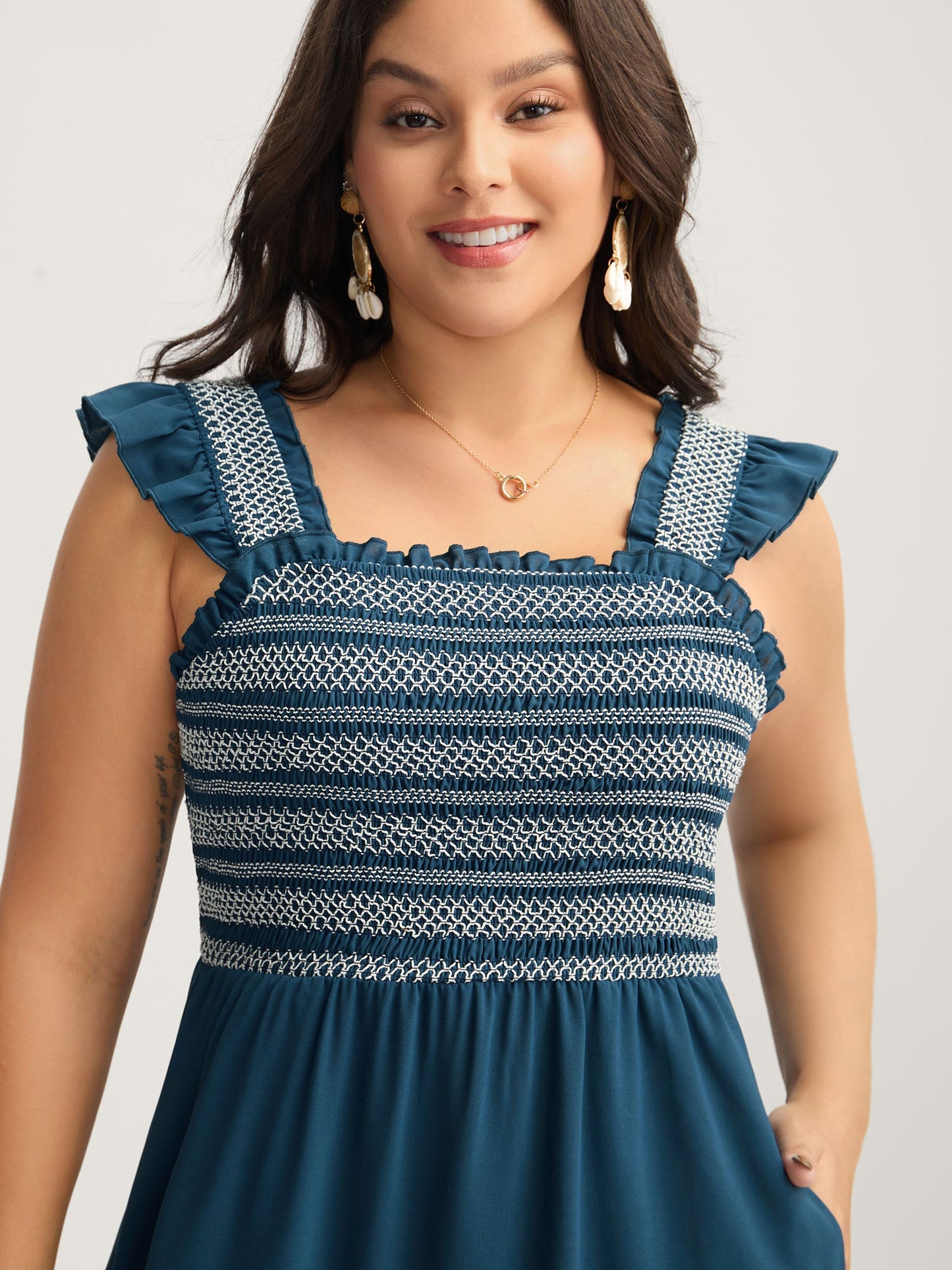 Fancy Shirred Flutter Tiered Pockets Midi Dress