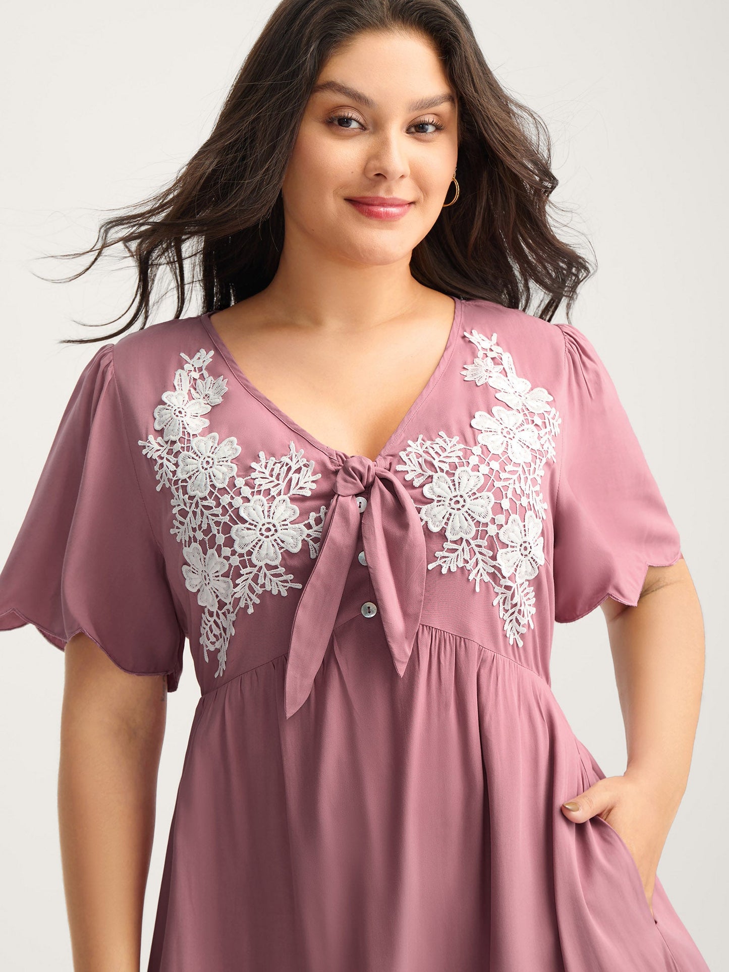 Rayon Bodice Embroidered Patchwork Knot Midi Dress