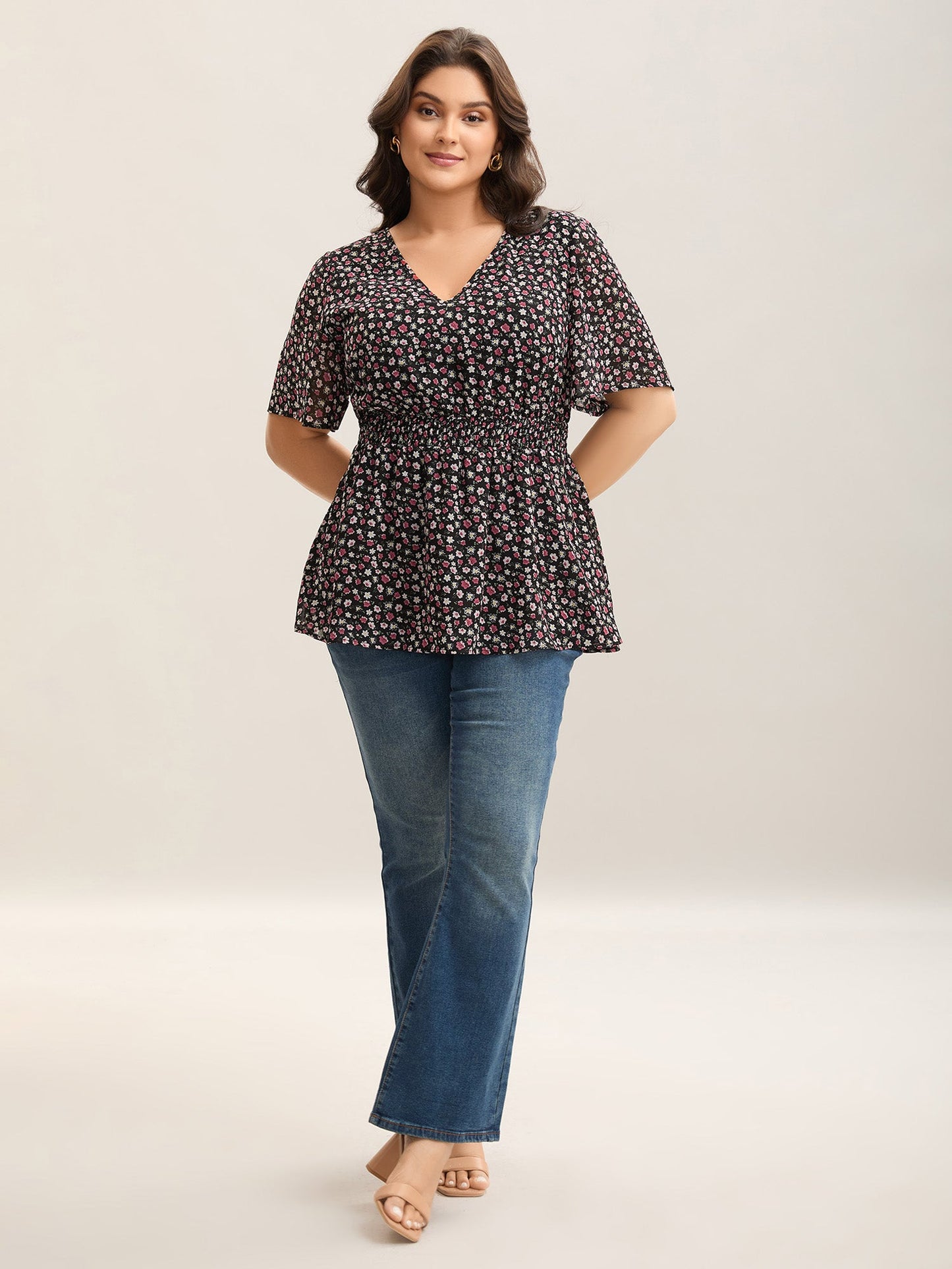 Floral Print Shirred Waist Cinched Shirt