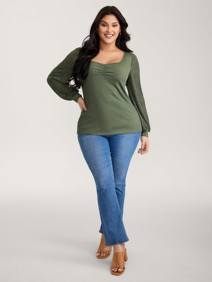 Ruched Deep-Neckline Solid Knit Top