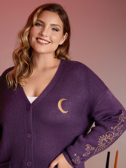 Star Embroidery Button Pockets Knit Cardigan