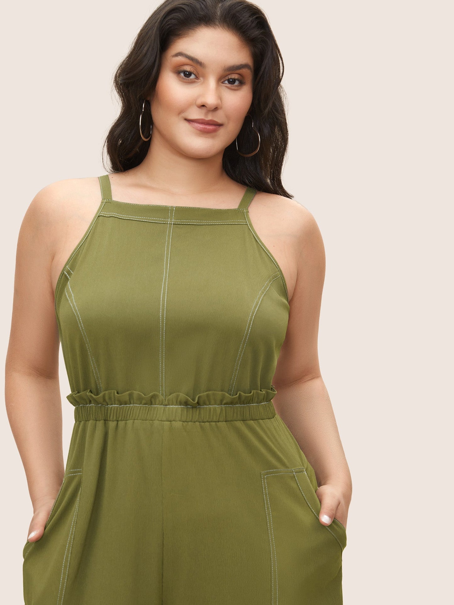 Plain Tucked Seam Frill Trim Jumpsuit