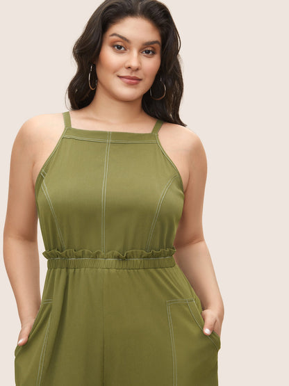 Plain Tucked Seam Frill Trim Jumpsuit