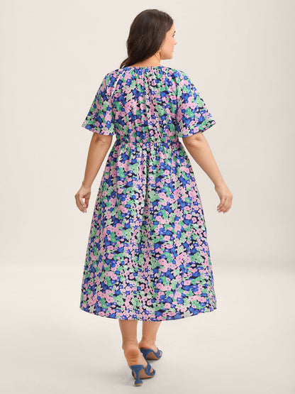 Floral Print Shirred Waist Midi Dress