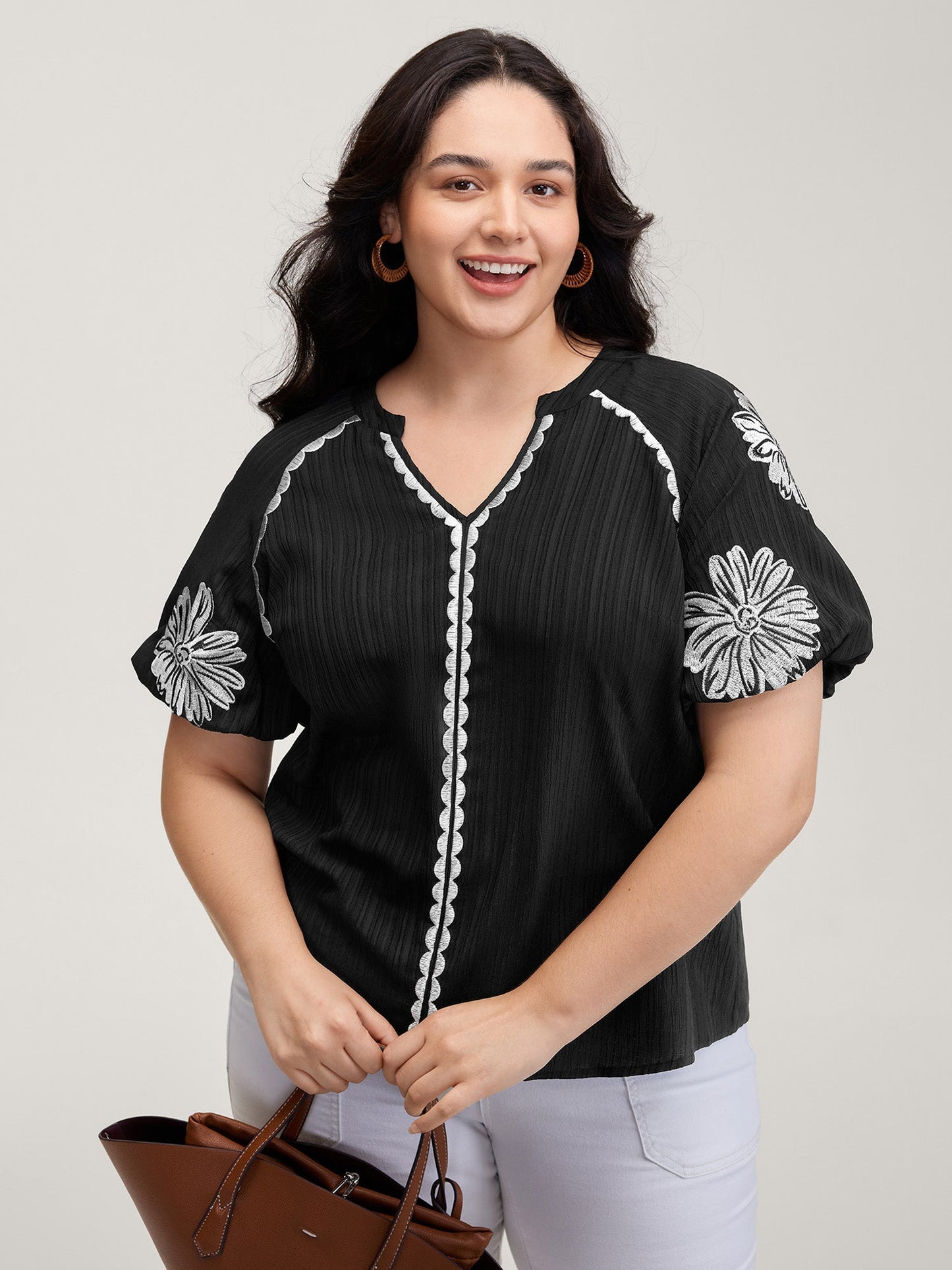 Textured Floral Embroidered Notched Collar Blouse