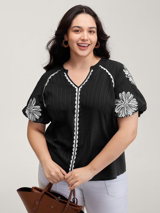 Textured Floral Embroidered Notched Collar Blouse