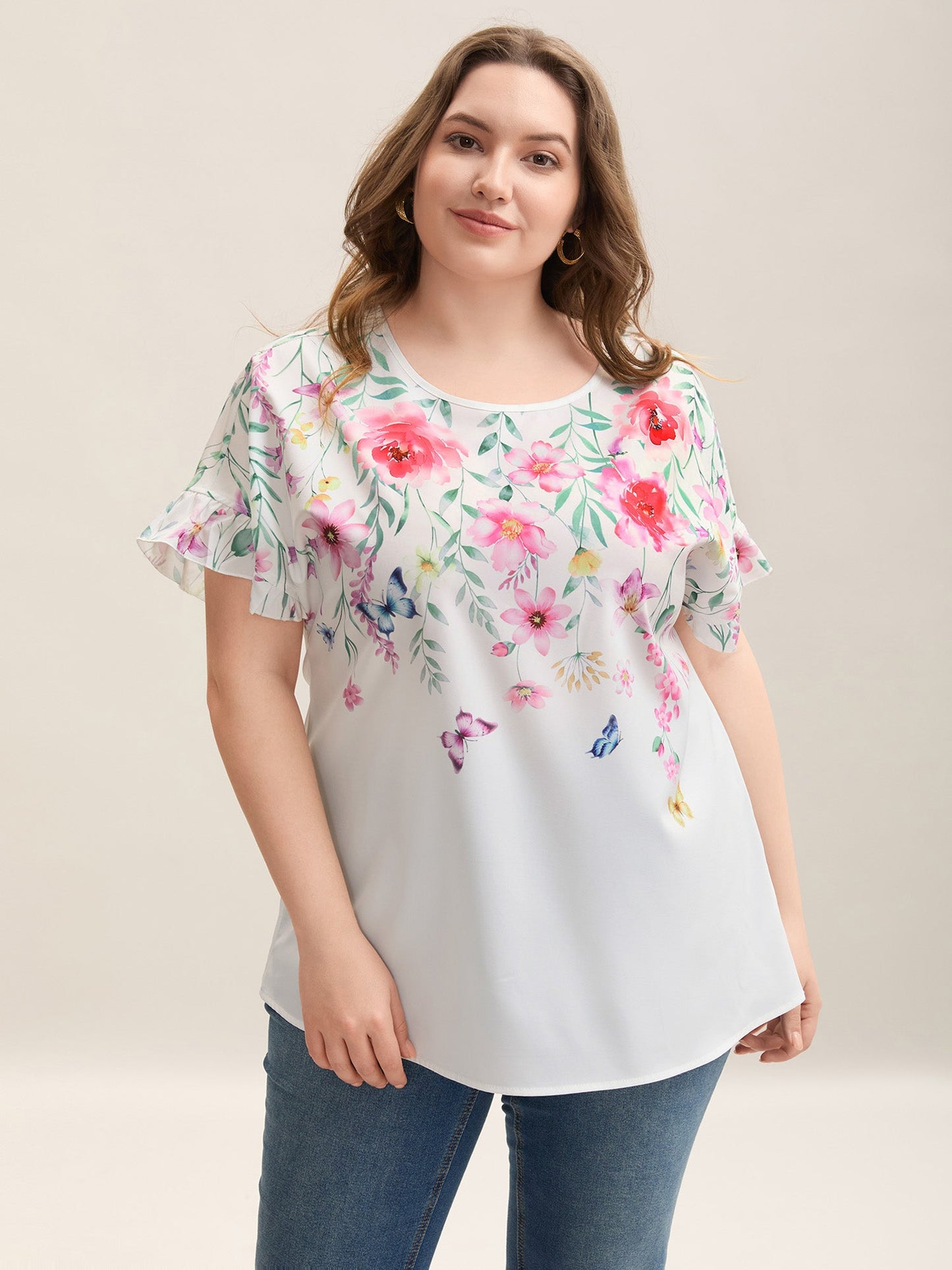 Floral Bodice Round Neck Flared Blouse