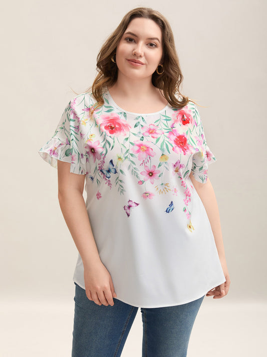 Floral Bodice Round Neck Flared Blouse