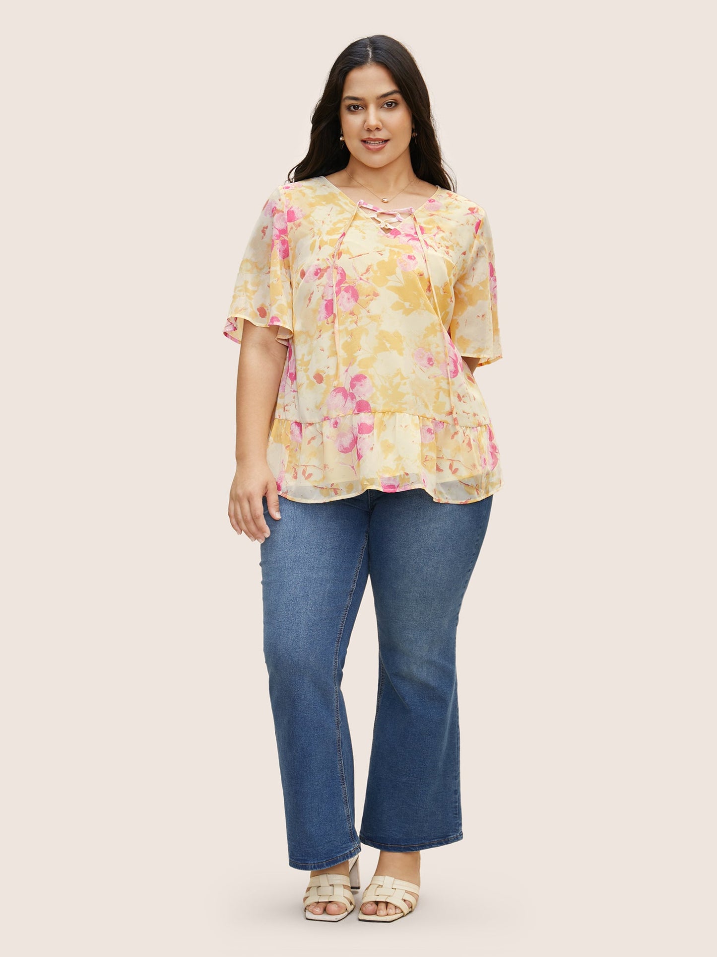 Floral Flutter Sleeve Lace Up Blouse