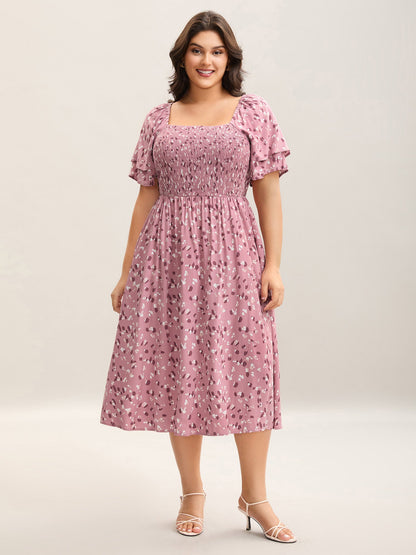 Floral Print Shirred Pockets Midi Dress