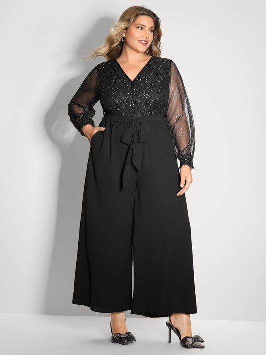 Shimmery Rhinestones Belted Waist Jumpsuit