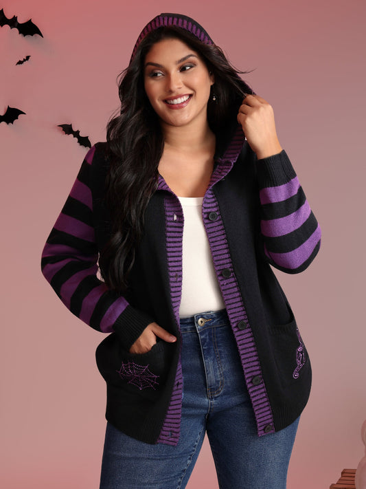 Stripes Sleeve Contrast Hooded Cardigan