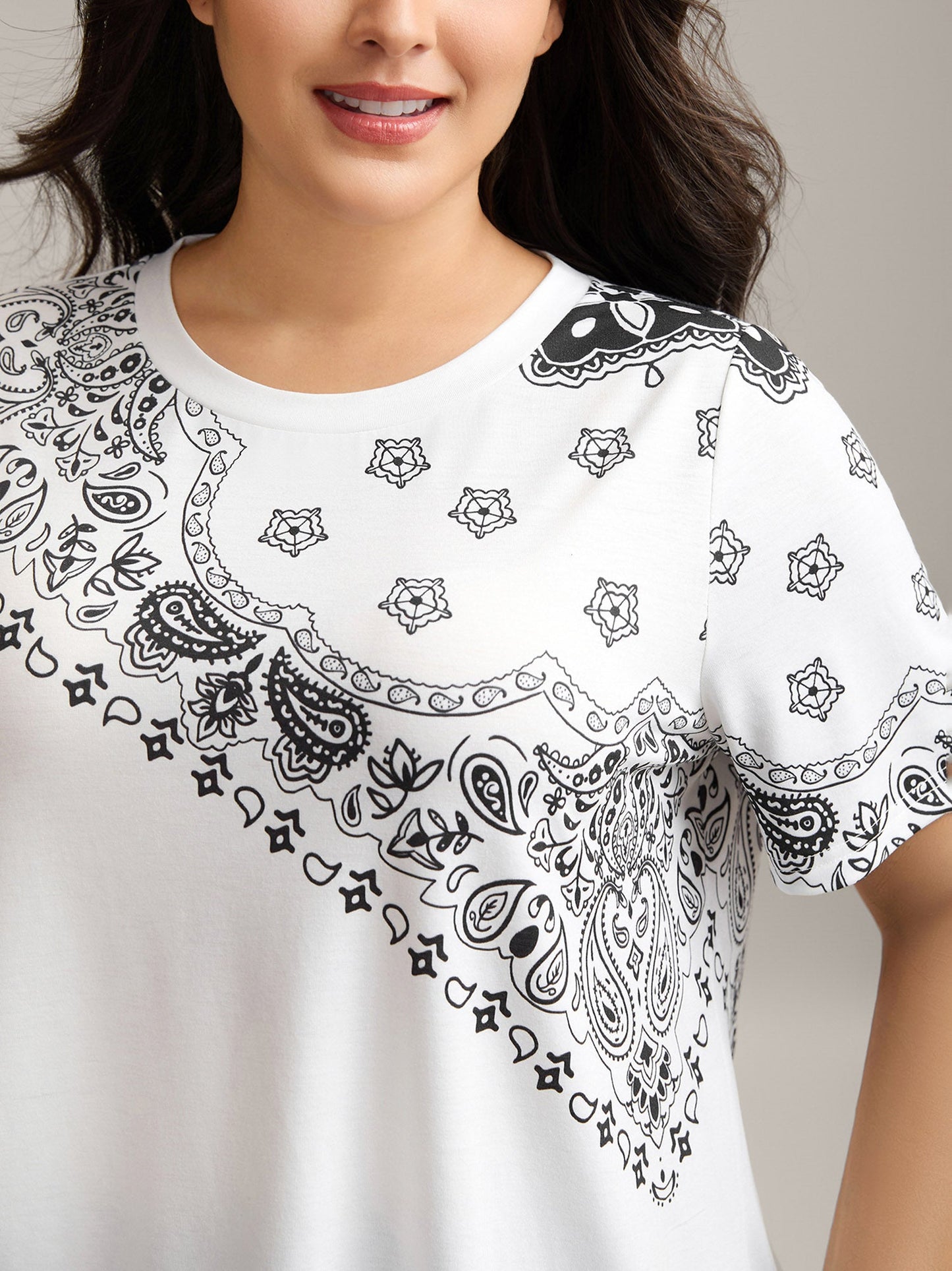 Boho Print Plain Crewneck T-Shirt