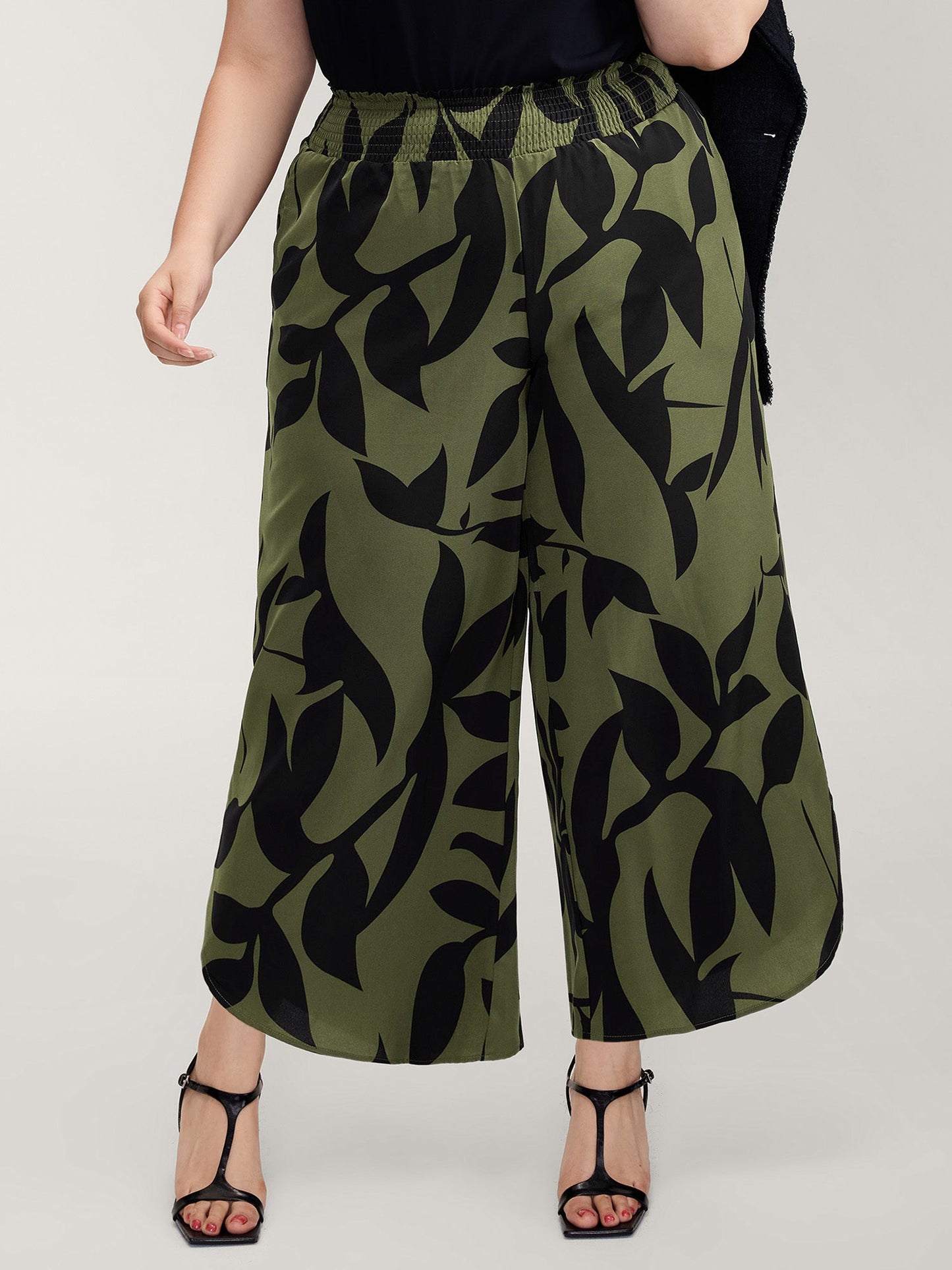 Leaf Print Shirred Wide Waistband Pants