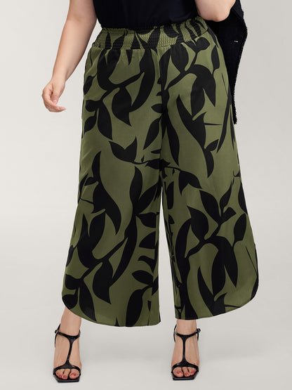 Leaf Print Shirred Wide Waistband Pants