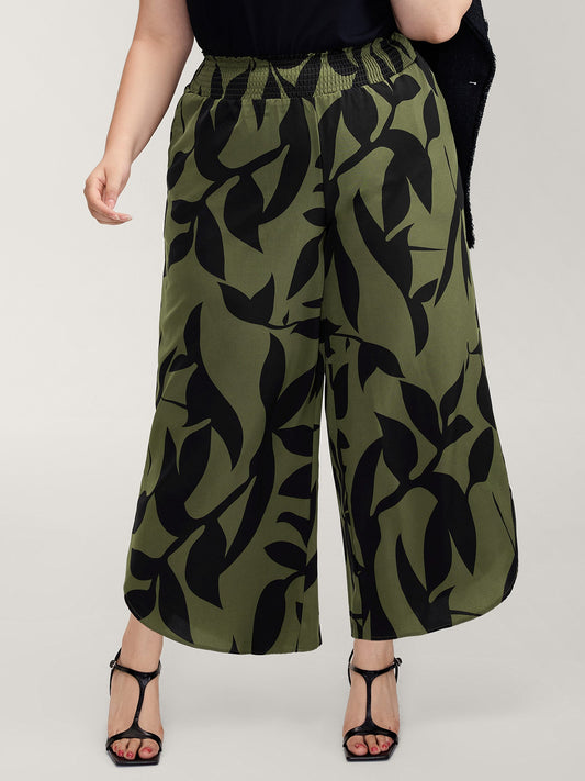 Leaf Print Shirred Wide Waistband Pants